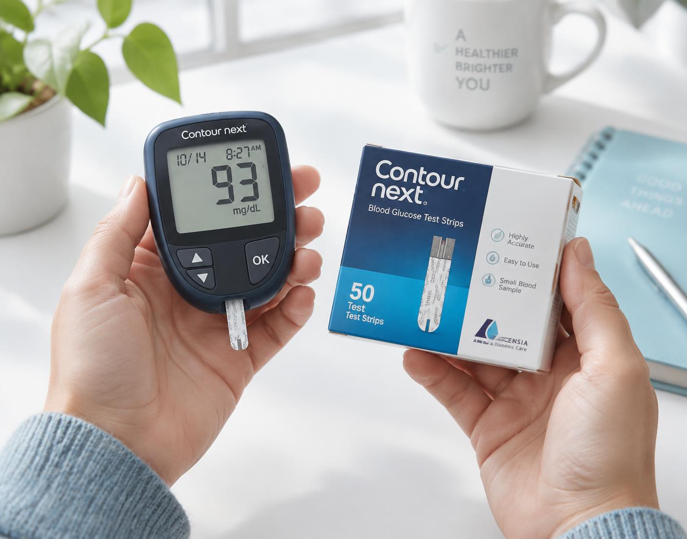A person holding a glucose meter and a sealed box of test strips